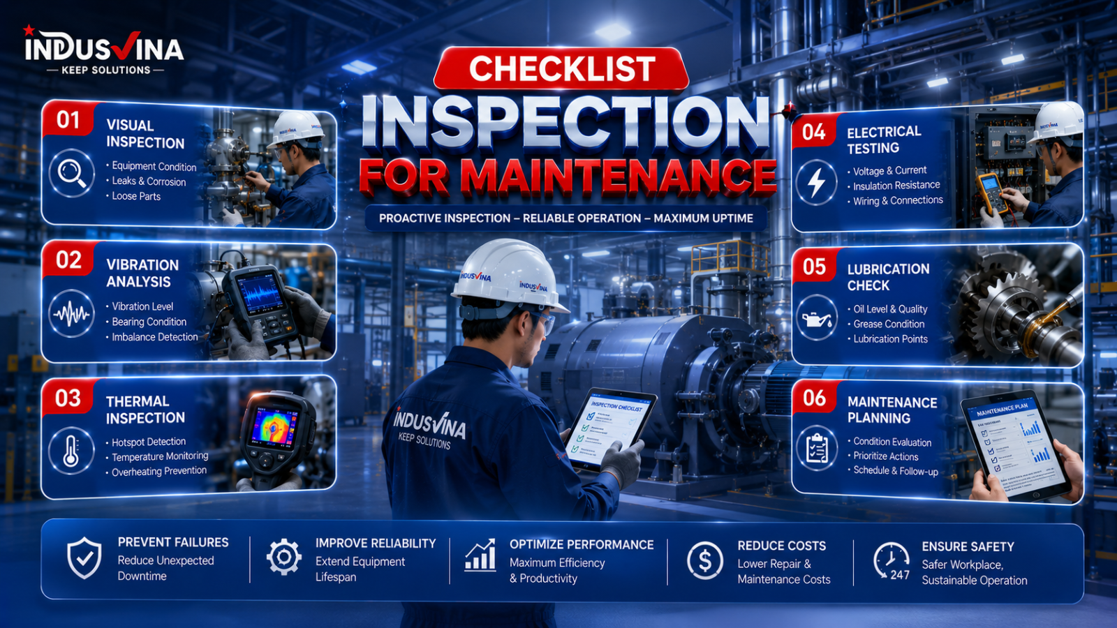 Infographic công nghệ kiểm tra bảo trì nhà máy INDUSVINA