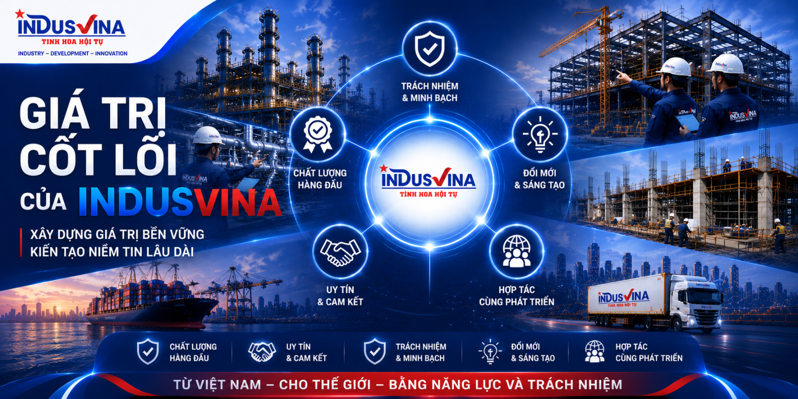 Giá trị cốt lõi INDUSVINA - kết nối năng lực sản xuất thi công cung ứng Việt Nam