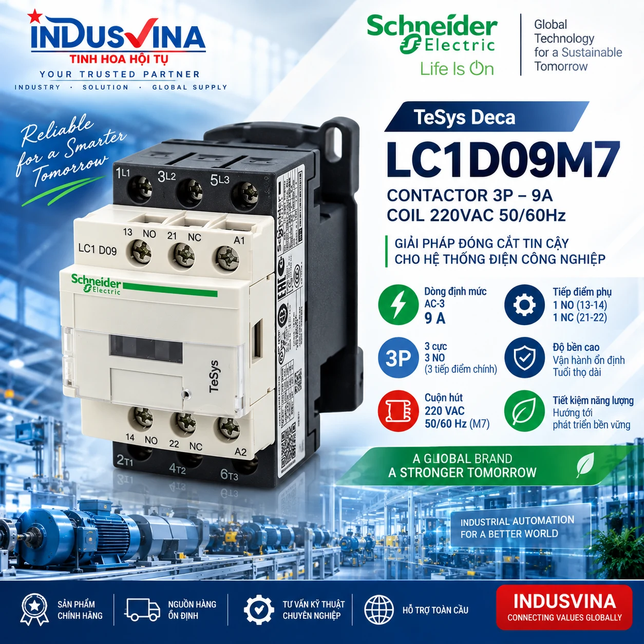 Schneider Electric TeSys Deca LC1D09M7 Contactor 3P – 9A – Coil 220VAC 50/60Hz
