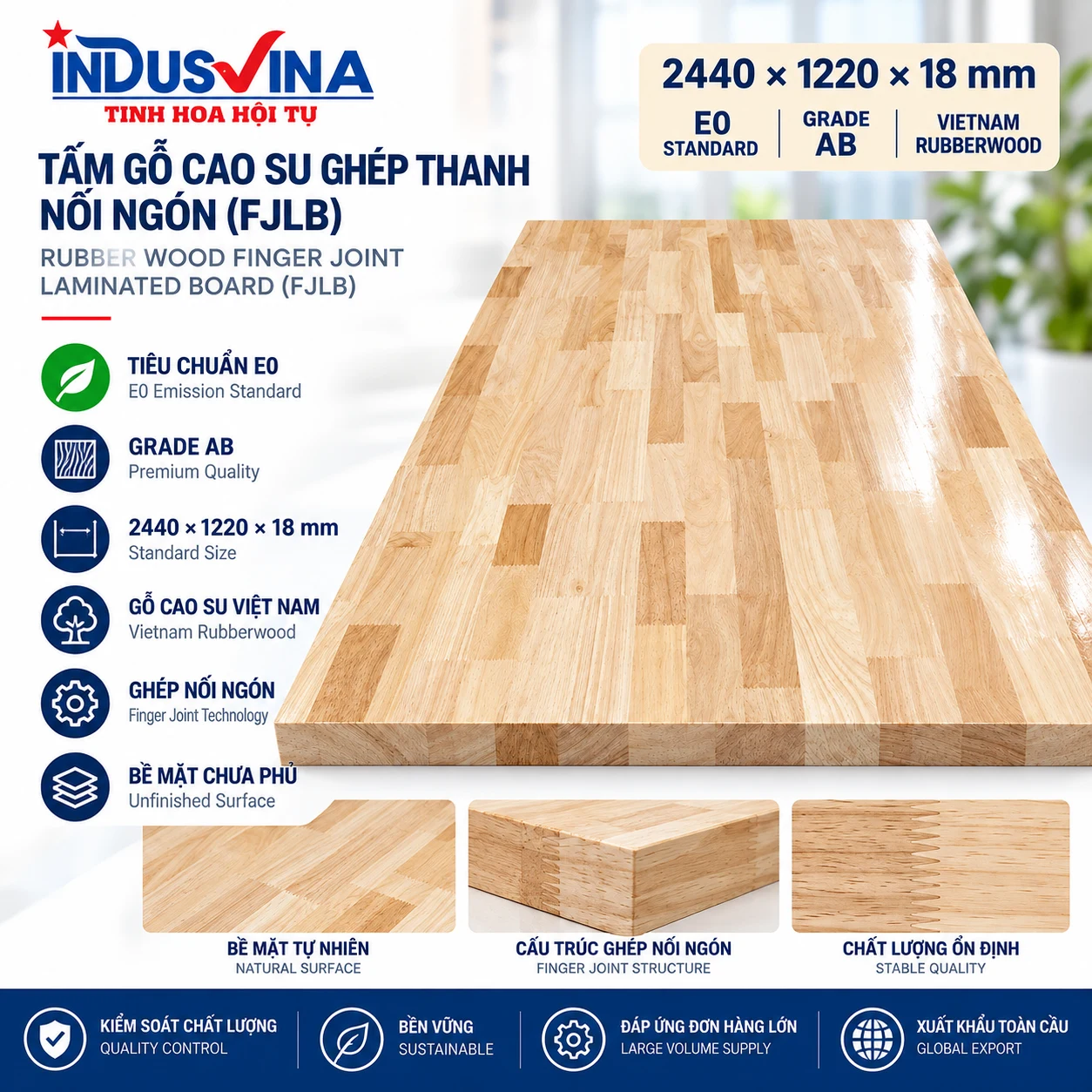 Tấm gỗ cao su ghép thanh nối ngón FJLB E0 Grade AB 2440×1220×18 mm