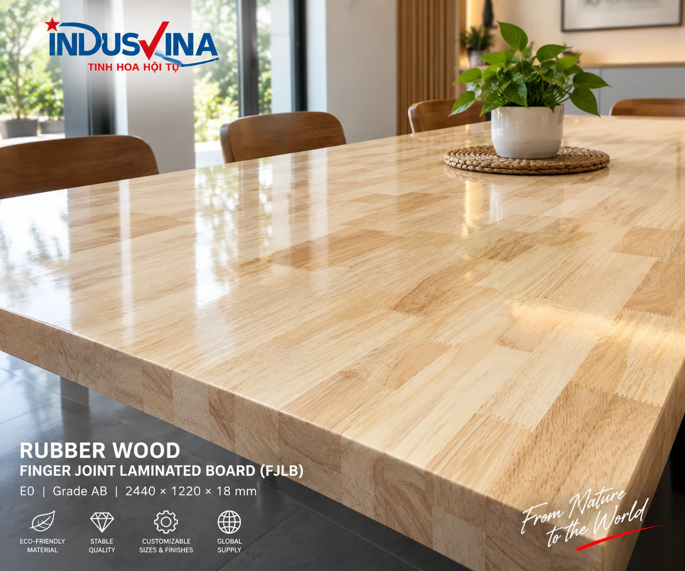Tấm gỗ cao su ghép thanh nối ngón FJLB E0 Grade AB 2440×1220×18 mm