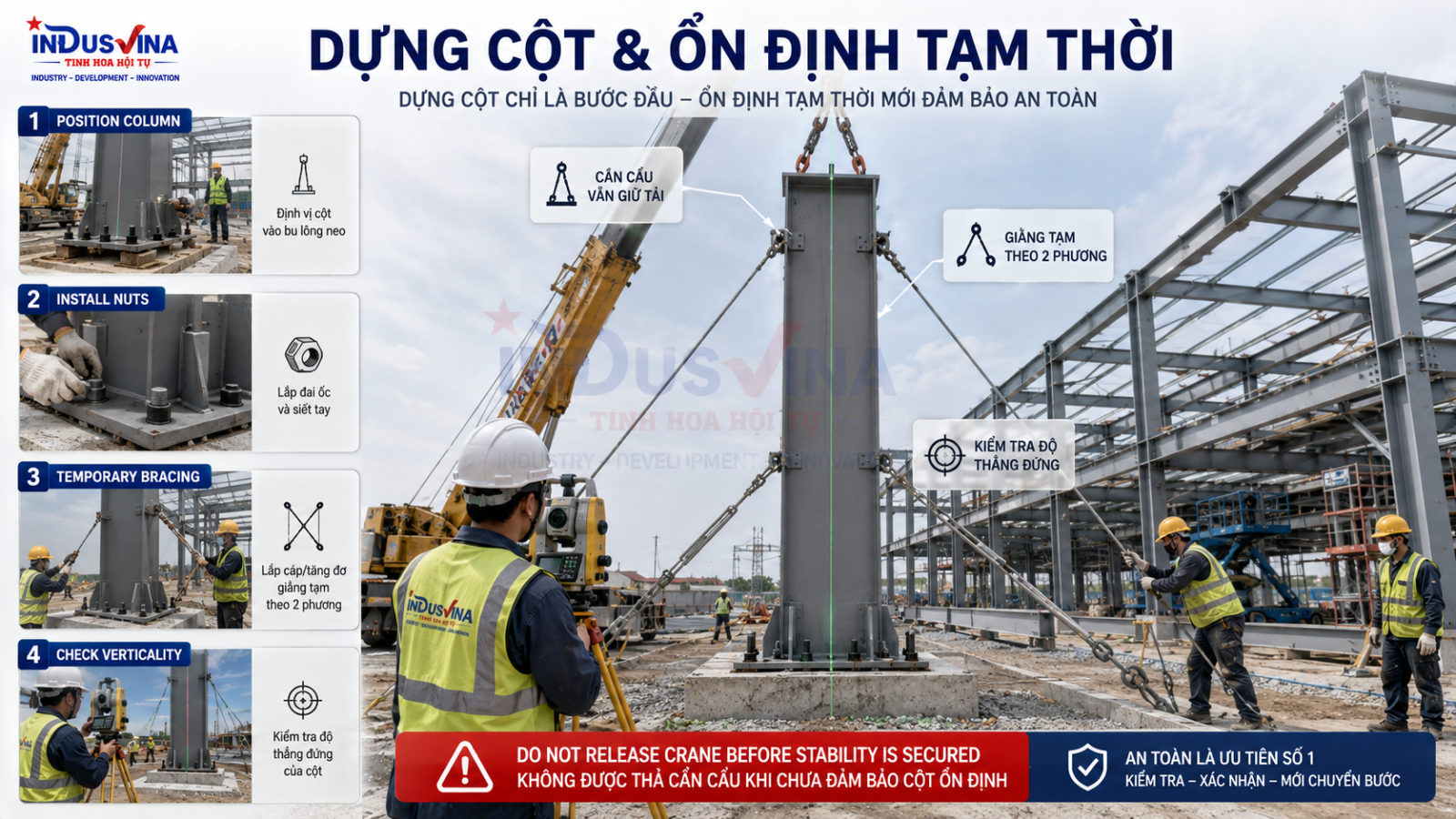 Dựng cột thép giằng tạm và kiểm tra độ thẳng đứng cột